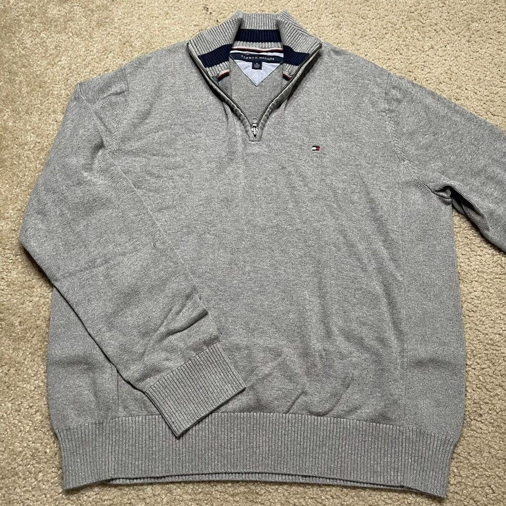 Tommy Hilfiger Sweater Mens XL Grey Quarter Zip Long Sleeve Pullover Adult